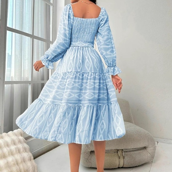 Women’s Ethnic Pattern Belted Shirred Vintage Dress Ruffle Hem Dress - Picture 3 of 5